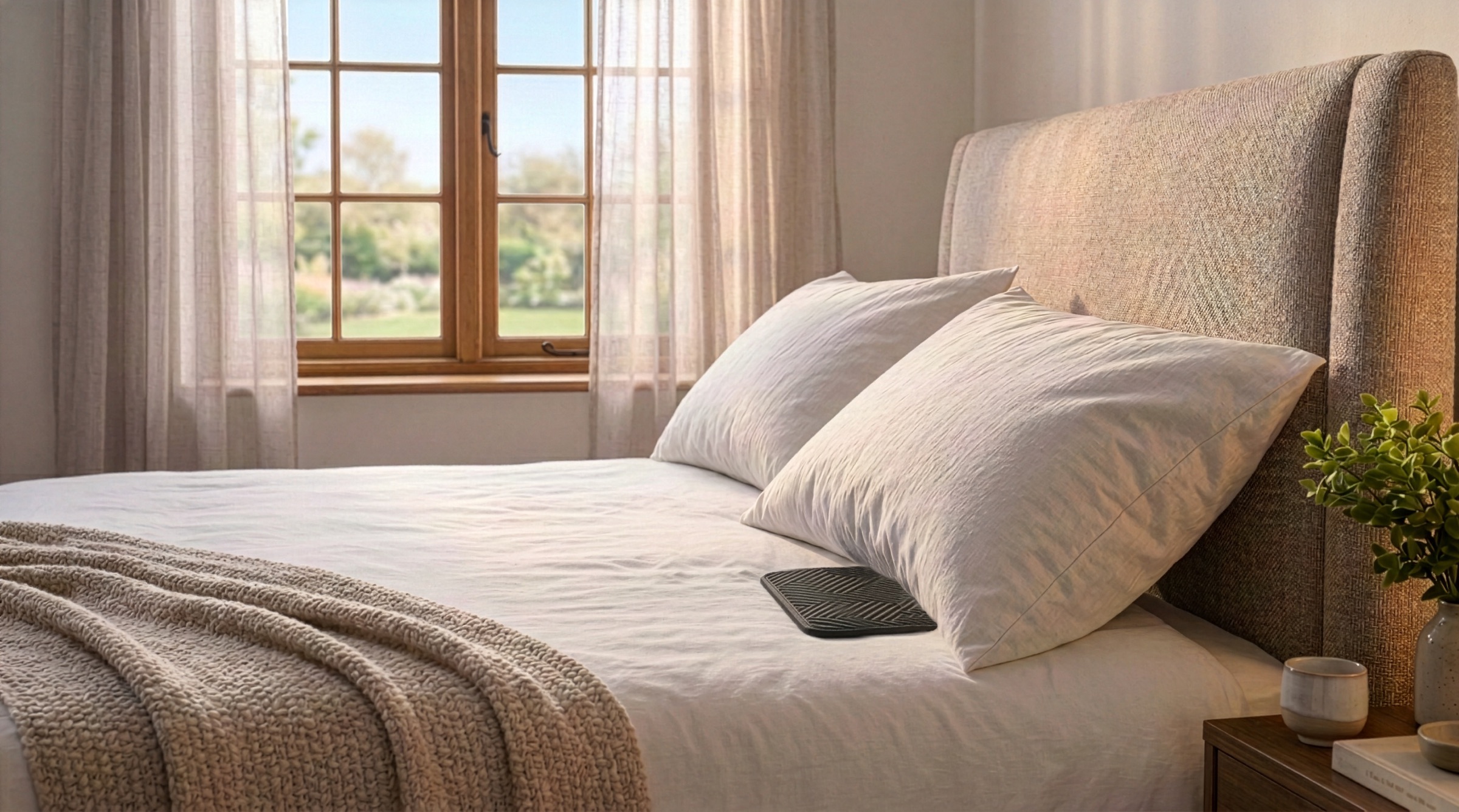 A made bed in a sunlit bedroom, with the black Trembo pad tucked under a pillow.