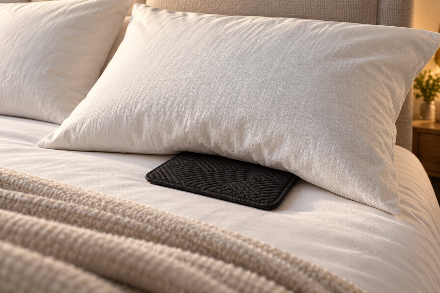 Close-up of the black quilted Trembo pad tucked under a pillow on a made bed in warm light.